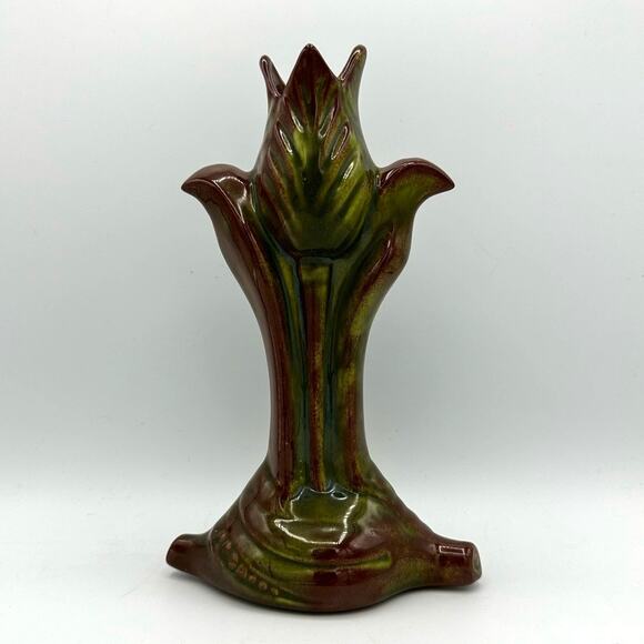 Vintage 1950s Tulip Vase with Variegated Brown and Dark Green Glaze - Picture 1 of 16